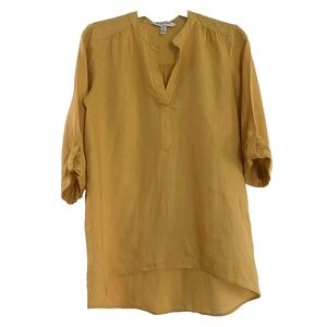 Ellen Tracy Linen Tunic Top Mustard Yellow Roll Tab Sleeve Split Neck Womens M
